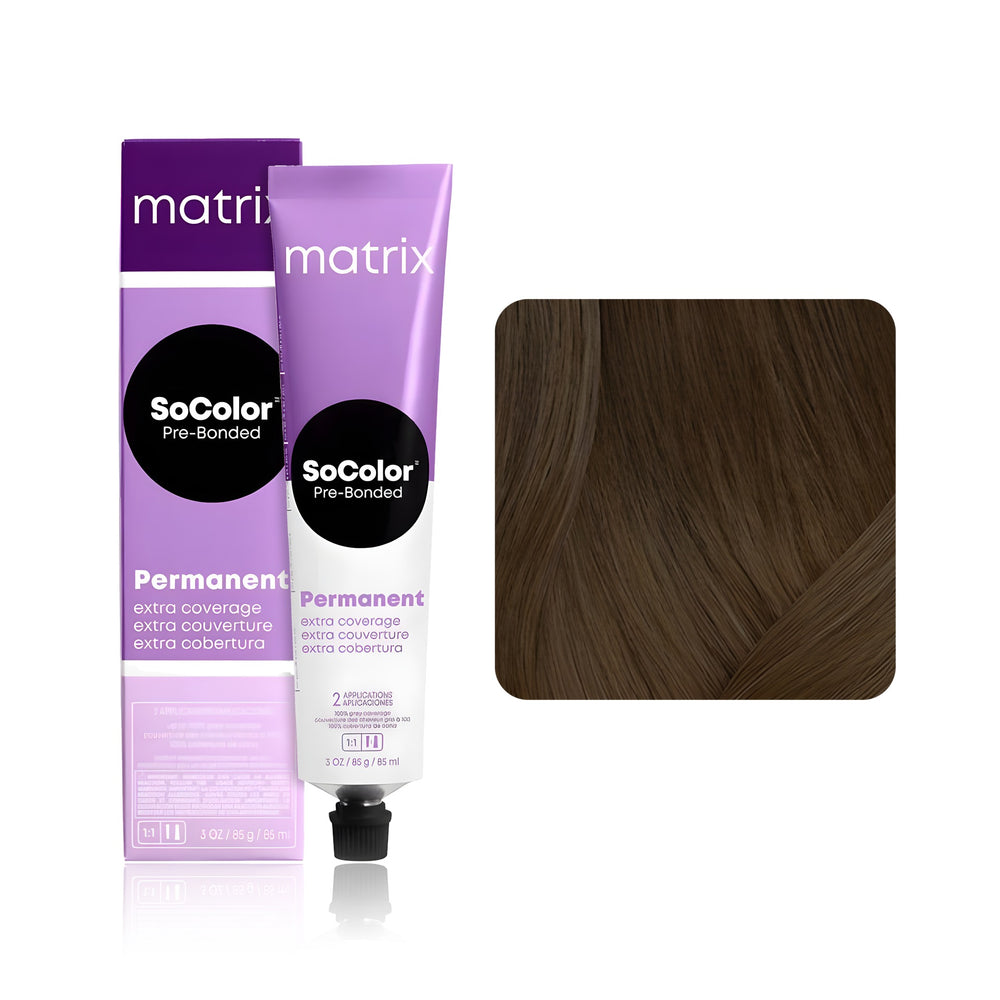 Matrix SoColor Pre-Bonded Extra Coverage 504N (Dark Brown Neutral) permanent hair color tube, box and hair swatch