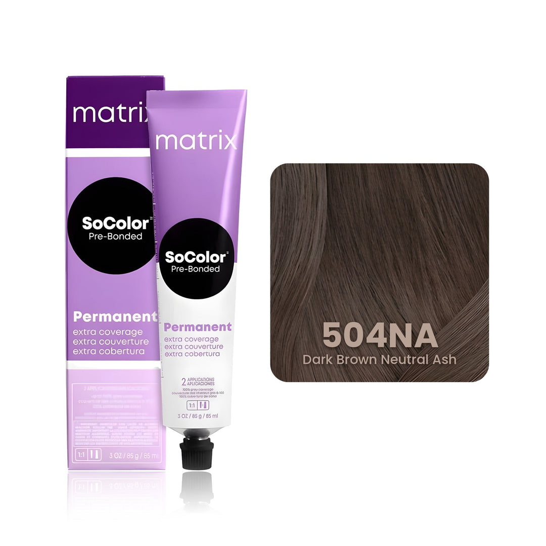 Matrix SoColor Pre-Bonded Extra Coverage 504NA (Dark Brown Neutral Ash) permanent hair color tube, box and hair swatch