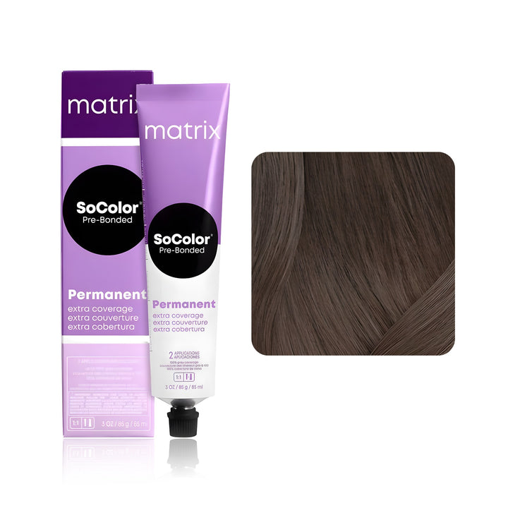 Matrix SoColor Pre-Bonded Extra Coverage 504NA (Dark Brown Neutral Ash) permanent hair color tube, box and hair swatch