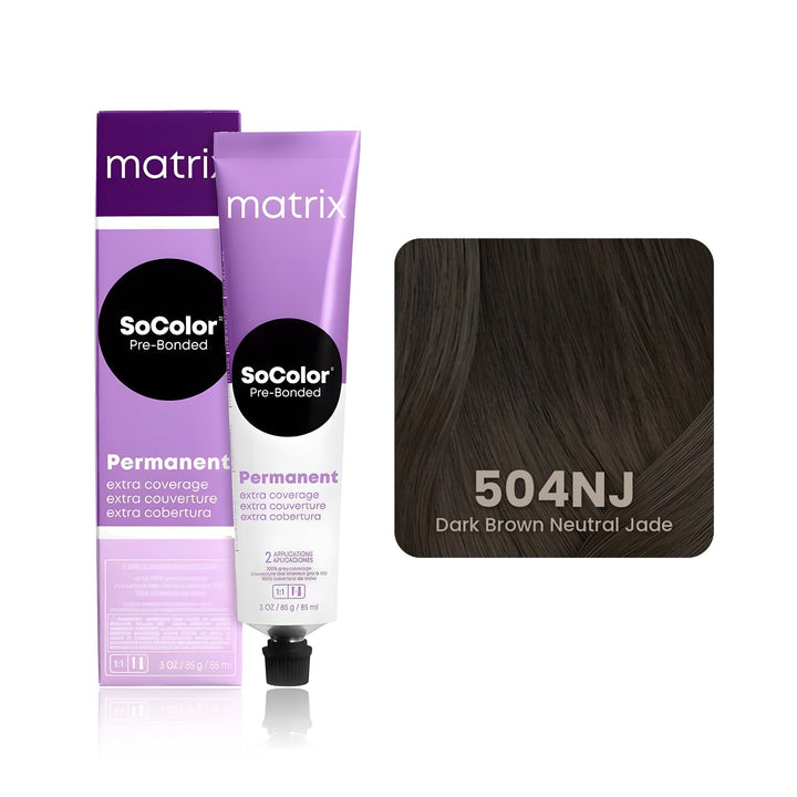 Matrix SoColor Pre-Bonded Extra Coverage 504NJ (Dark Brown Neutral Jade) permanent hair color tube, box and hair swatch