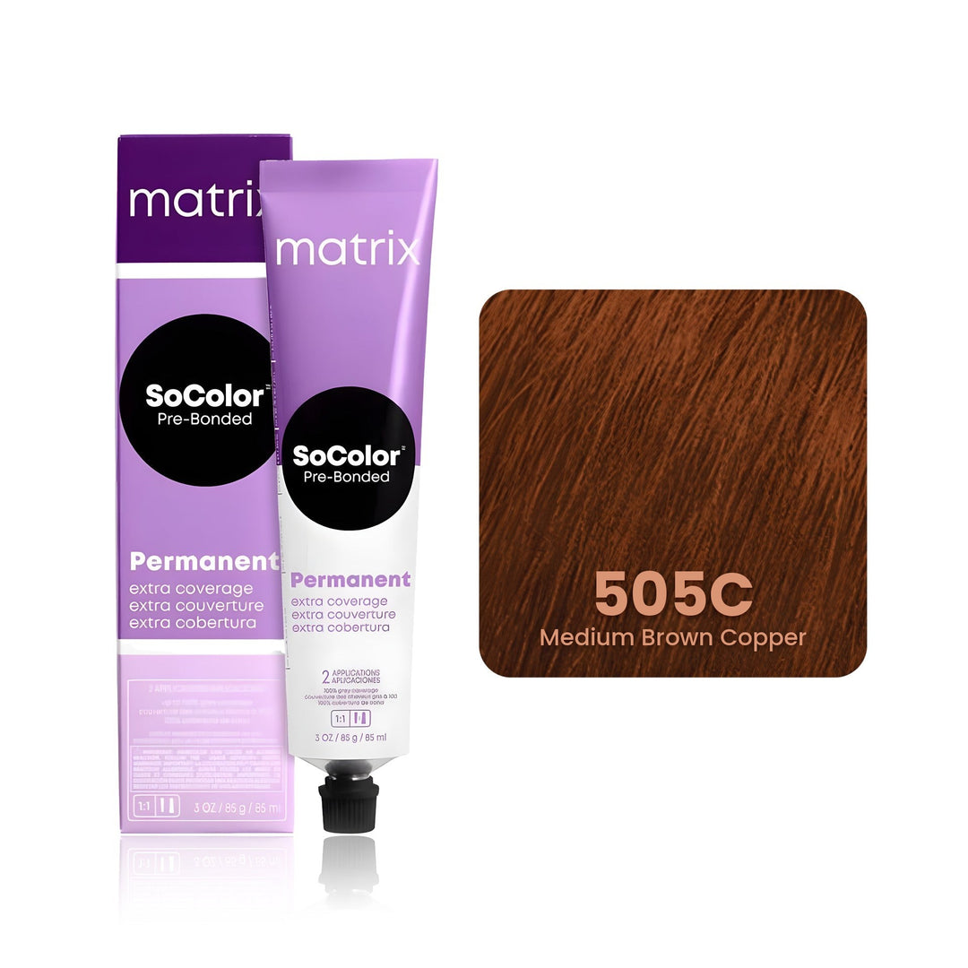 Matrix SoColor Pre-Bonded Extra Coverage 505C (Medium Brown Copper) permanent hair color tube, box and hair swatch