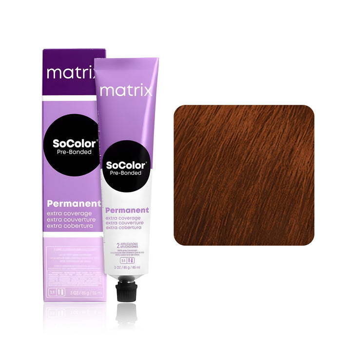 Matrix SoColor Pre-Bonded Extra Coverage 505C (Medium Brown Copper) permanent hair color tube, box and hair swatch