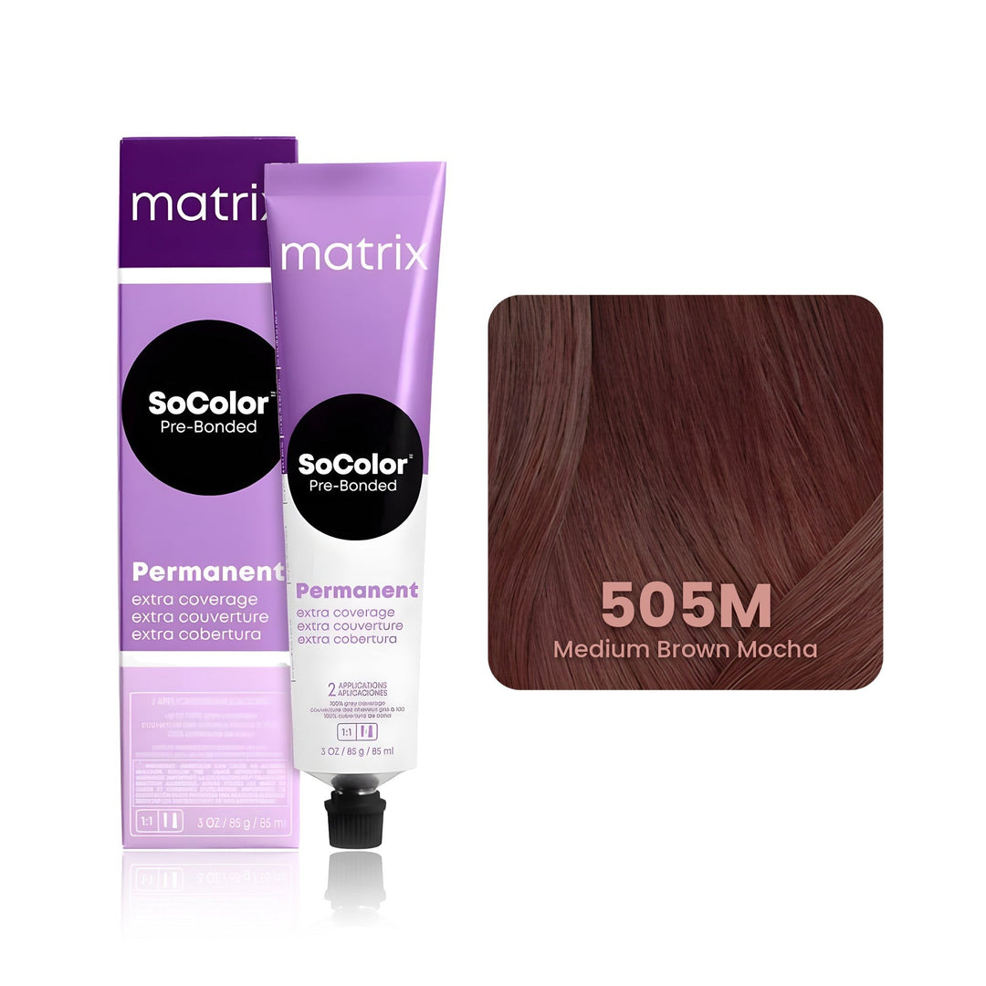 Matrix SoColor Pre-Bonded Extra Coverage 505M (Medium Brown Mocha) permanent hair color tube, box and hair swatch