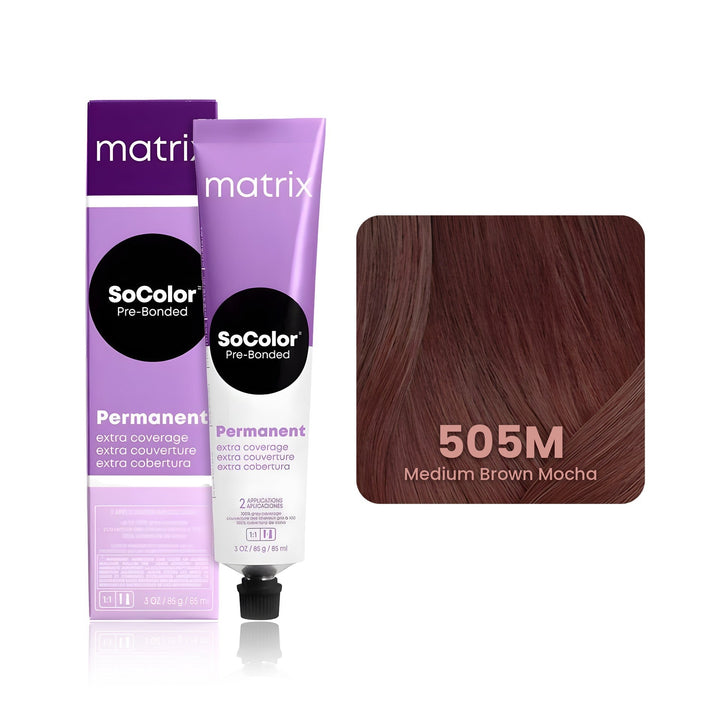 Matrix SoColor Pre-Bonded Extra Coverage 505M (Medium Brown Mocha) permanent hair color tube, box and hair swatch