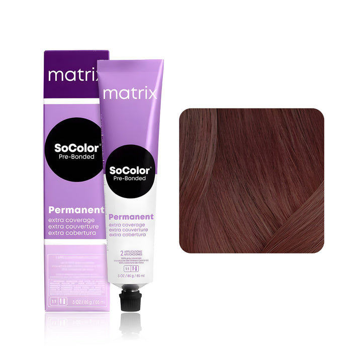 Matrix SoColor Pre-Bonded Extra Coverage 505M (Medium Brown Mocha) permanent hair color tube, box and hair swatch