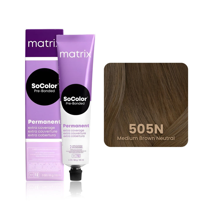 Matrix SoColor Pre-Bonded Extra Coverage 505N (Medium Brown Neutral) permanent hair color tube, box and hair swatch