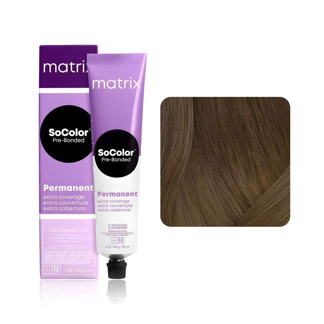 Matrix SoColor Pre-Bonded Extra Coverage 505N (Medium Brown Neutral) permanent hair color tube, box and hair swatch