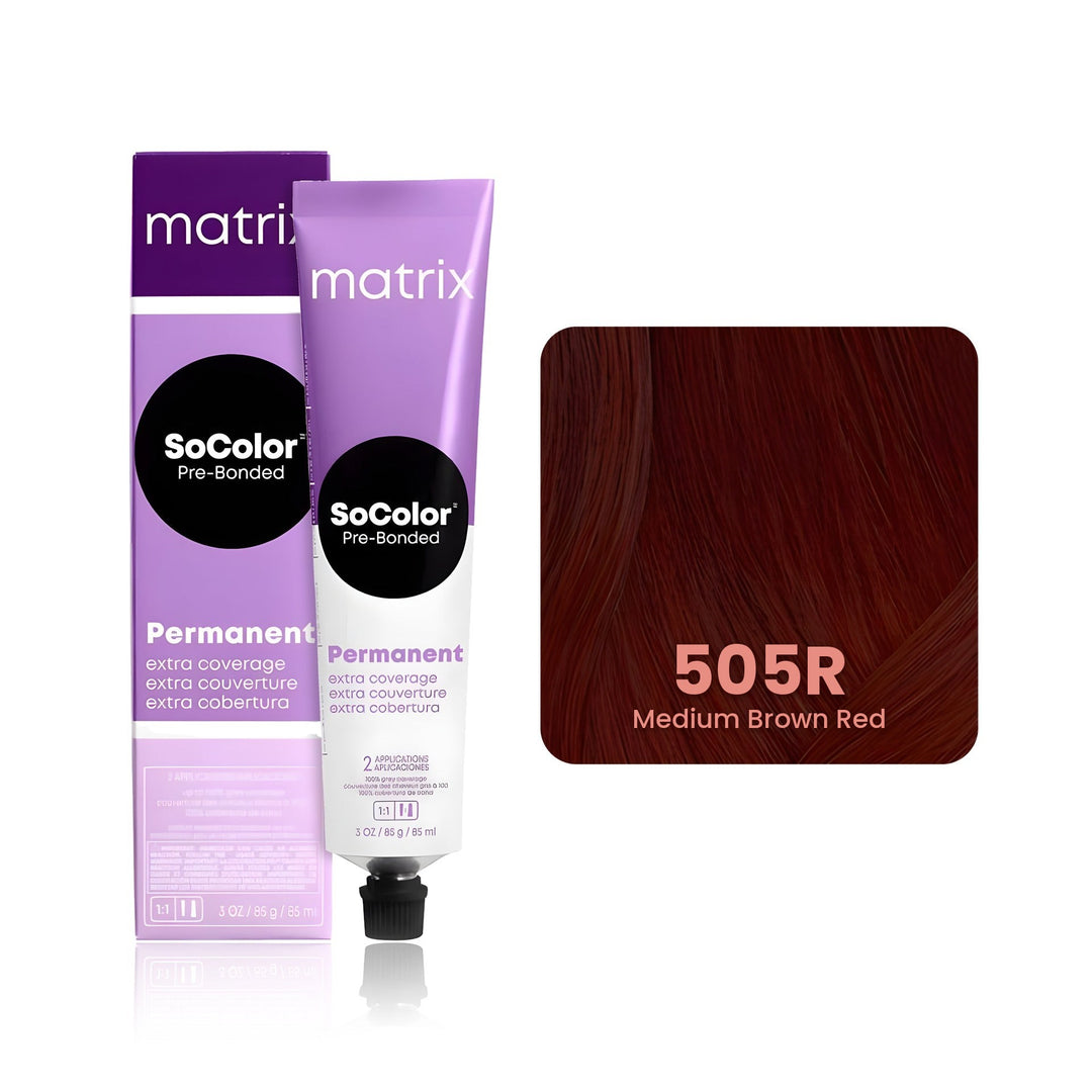 Matrix SoColor Pre-Bonded Extra Coverage 505R (Medium Brown Red) permanent hair color tube, box and hair swatch