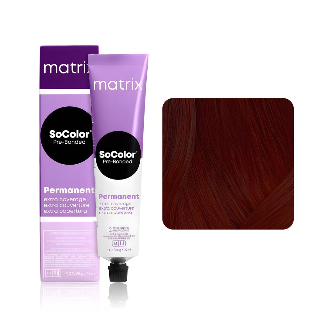 Matrix SoColor Pre-Bonded Extra Coverage 505R (Medium Brown Red) permanent hair color tube, box and hair swatch