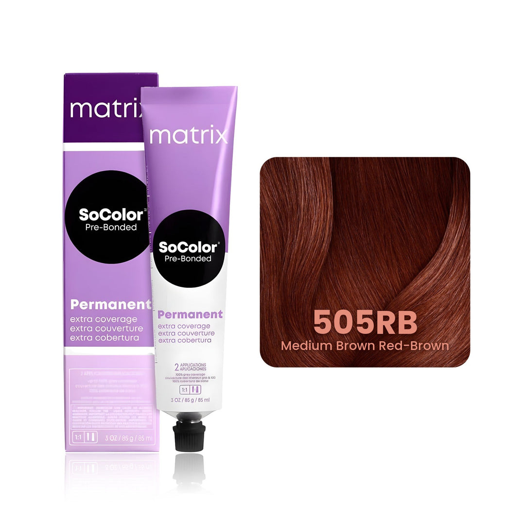 Matrix SoColor Pre-Bonded Extra Coverage 505RB (Medium Brown Red-Brown) permanent hair color tube, box and hair swatch