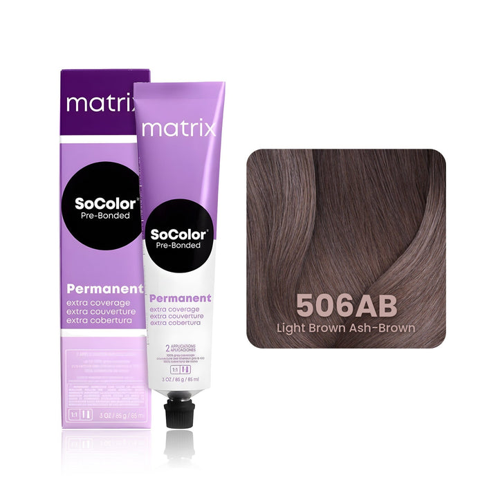 Matrix SoColor Pre-Bonded Extra Coverage 506AB (Light Brown Ash-Brown) permanent hair color tube, box and hair swatch