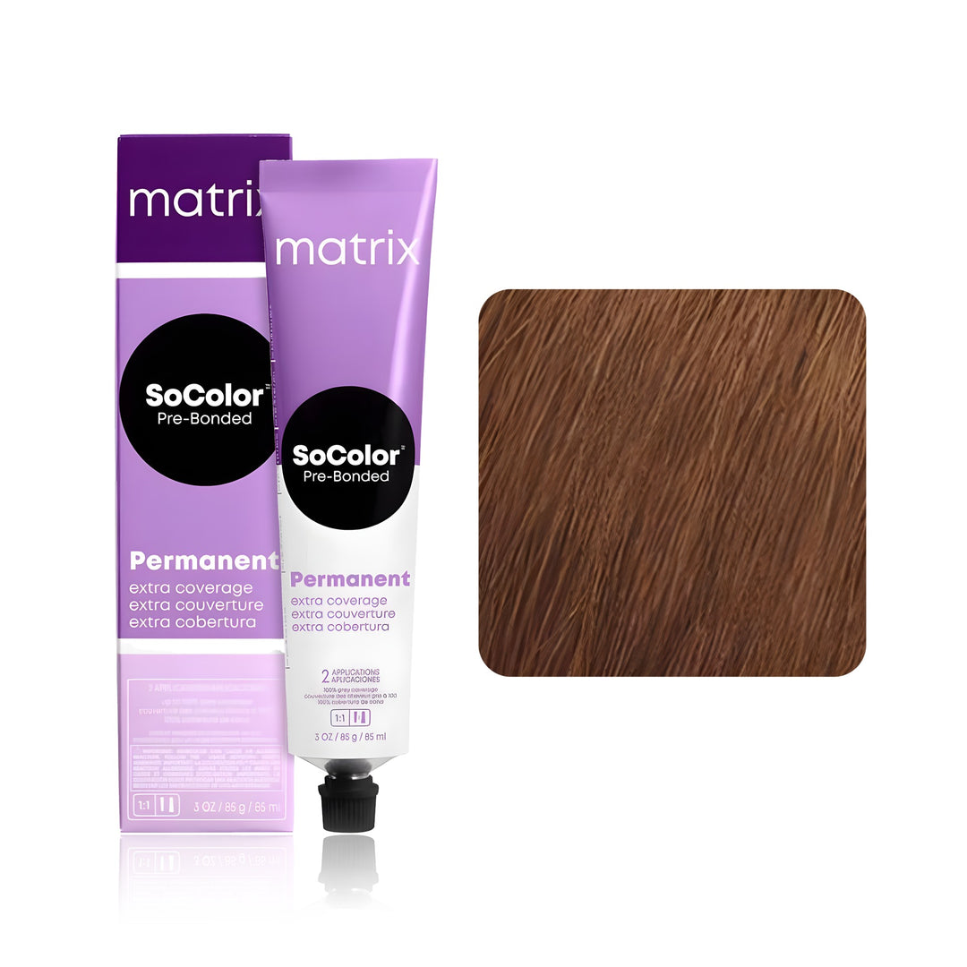 Matrix SoColor Pre-Bonded Extra Coverage 506GV (Light Brown Gold Violet) permanent hair color tube, box and hair swatch