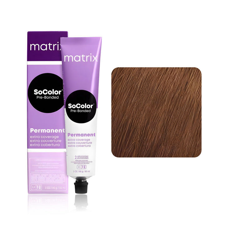 Matrix SoColor Pre-Bonded Extra Coverage 506GV (Light Brown Gold Violet) permanent hair color tube, box and hair swatch