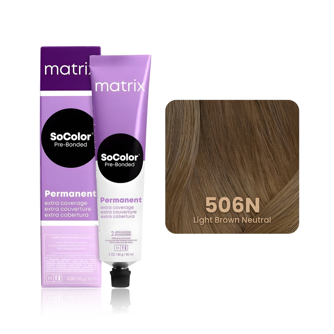 Matrix SoColor Pre-Bonded Extra Coverage 506N (Light Brown Neutral) permanent hair color tube, box and hair swatch
