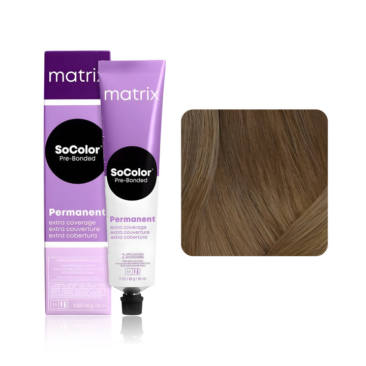 Matrix SoColor Pre-Bonded Extra Coverage 506N (Light Brown Neutral) permanent hair color tube, box and hair swatch
