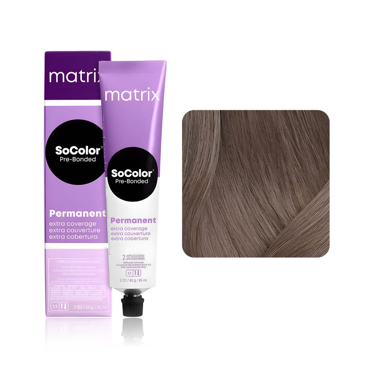 Matrix SoColor Pre-Bonded Extra Coverage 506NA (Light Brown Neutral Ash) permanent hair color tube, box and hair swatch