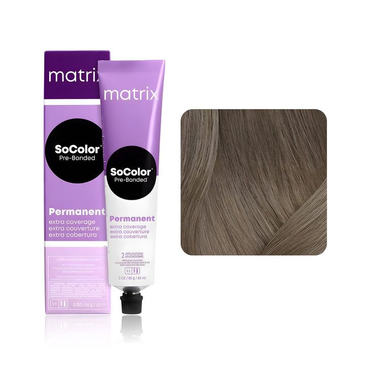 Matrix SoColor Pre-Bonded Extra Coverage 506NJ (Light Brown Neutral Jade) permanent hair color tube, box and hair swatch