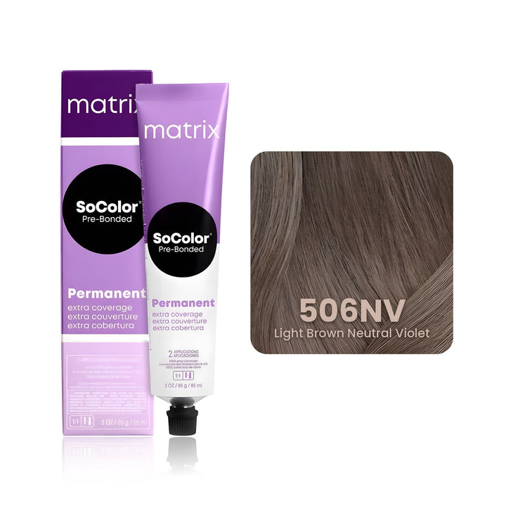 Matrix SoColor Pre-Bonded Extra Coverage 506NV (Light Brown Neutral Violet) permanent hair color tube, box and hair swatch