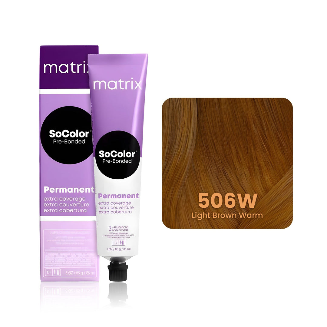 Matrix SoColor Pre-Bonded Extra Coverage 506W (Light Brown Warm) permanent hair color tube, box and hair swatch