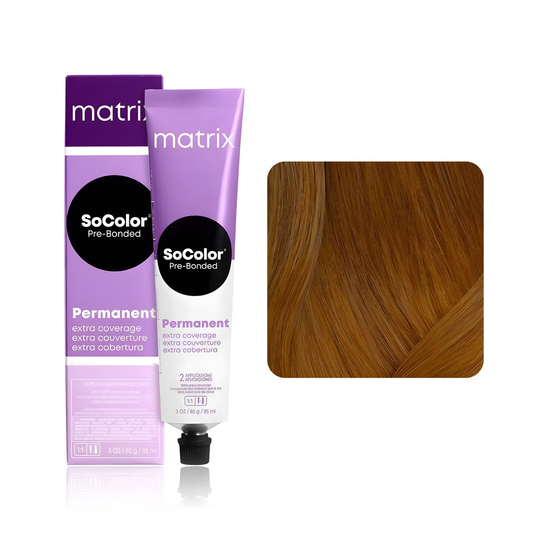 Matrix SoColor Pre-Bonded Extra Coverage 506W (Light Brown Warm) permanent hair color tube, box and hair swatch