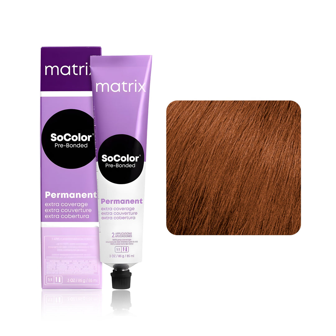 Matrix SoColor Pre-Bonded Extra Coverage 507C (Dark Blonde Copper) permanent hair color tube, box and hair swatch
