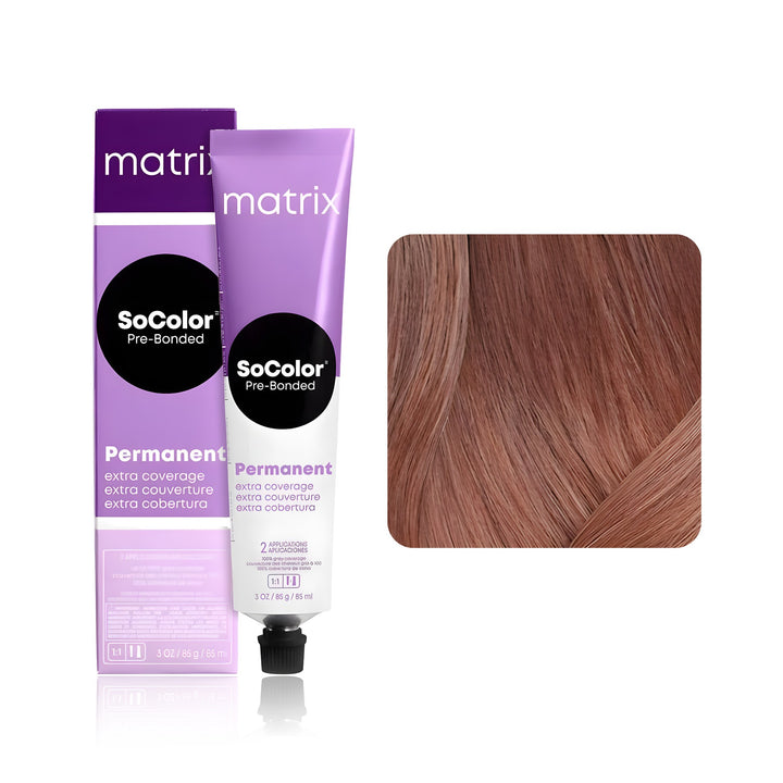 Matrix SoColor Pre-Bonded Extra Coverage 507M (Dark Blonde Mocha) permanent hair color tube, box and hair swatch