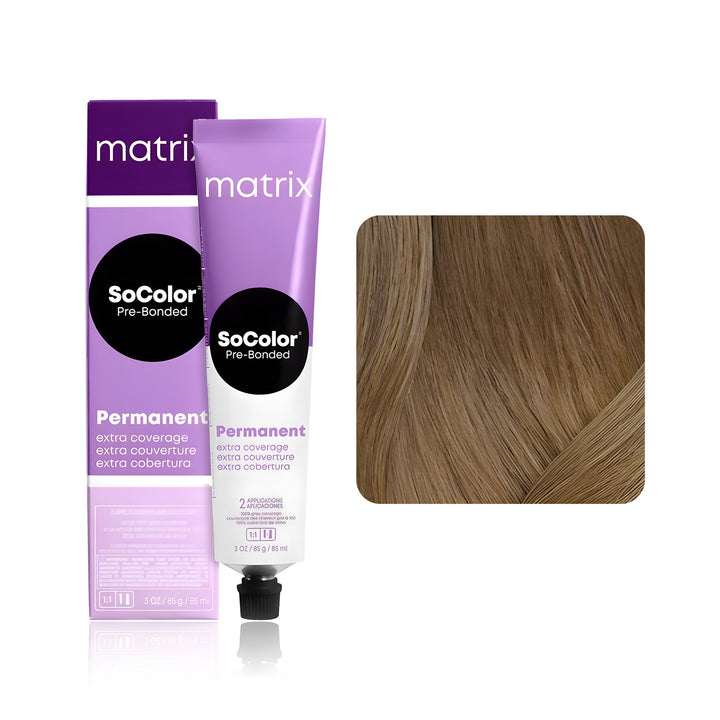 Matrix SoColor Pre-Bonded Extra Coverage 507N (Dark Blonde Neutral) permanent hair color tube, box and hair swatch