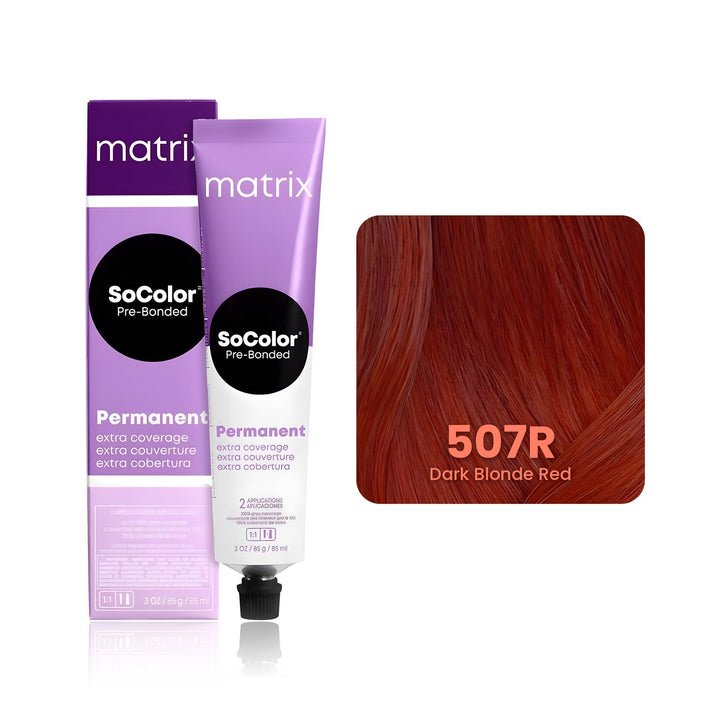 Matrix SoColor Pre-Bonded Extra Coverage 507R (Dark Blonde Red) permanent hair color tube, box and hair swatch
