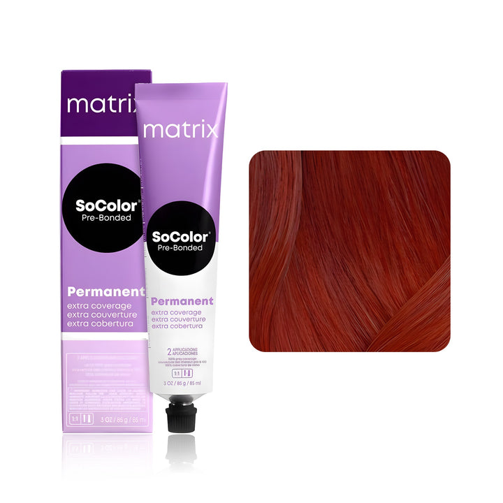 Matrix SoColor Pre-Bonded Extra Coverage 507R (Dark Blonde Red) permanent hair color tube, box and hair swatch