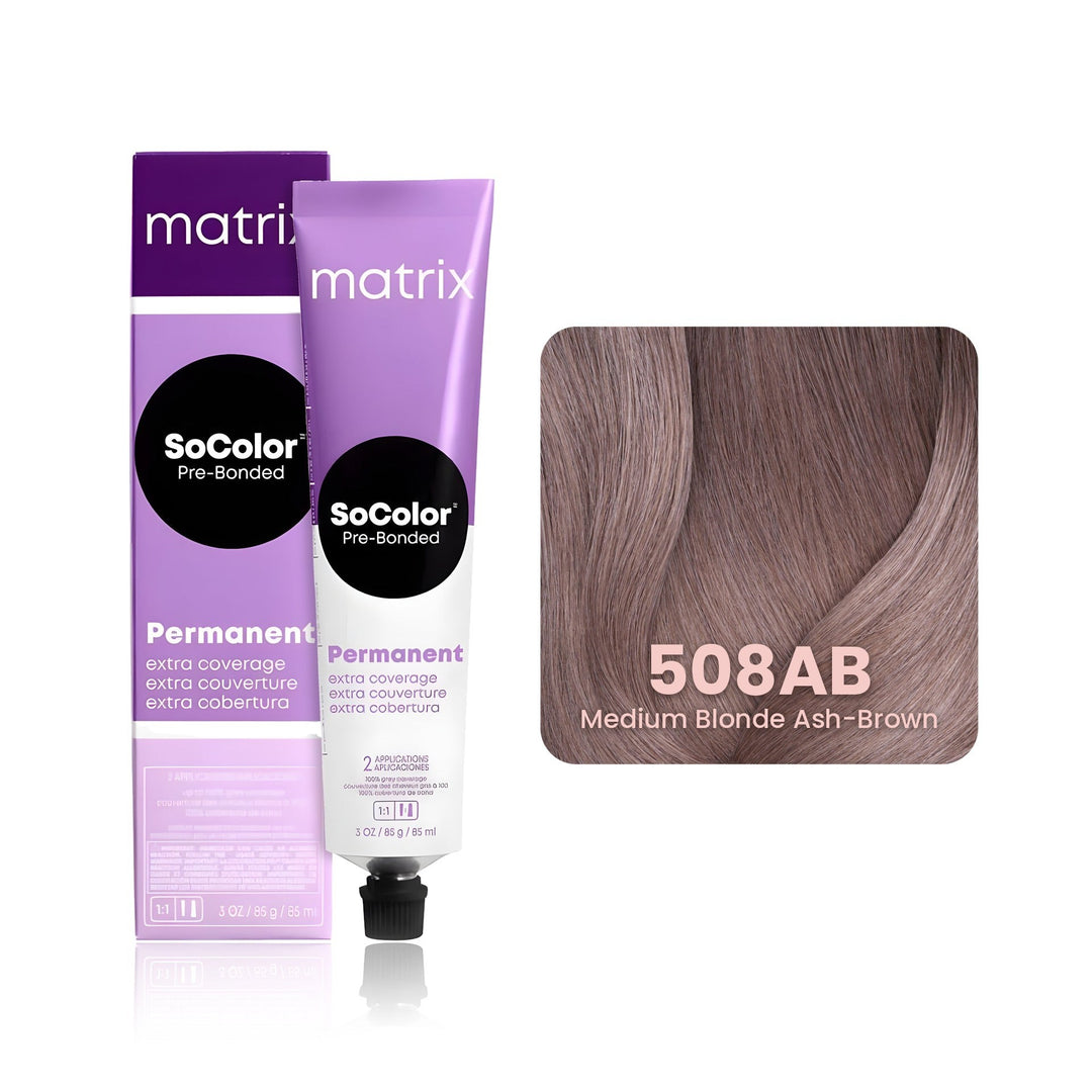 Matrix SoColor Pre-Bonded Extra Coverage 508AB (Medium Blonde Ash-Brown) permanent hair color tube, box and hair swatch