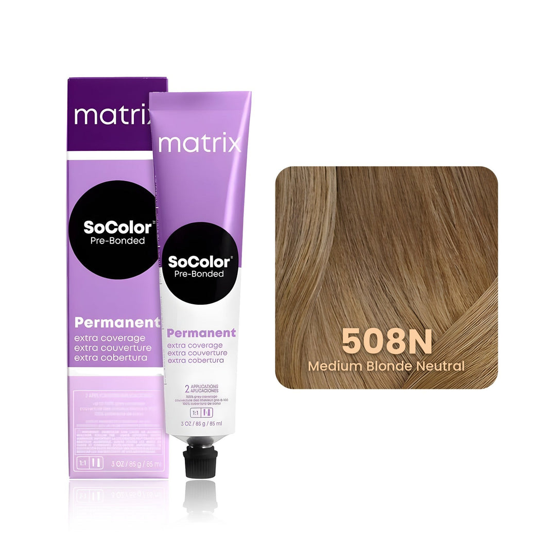 Matrix SoColor Pre-Bonded Extra Coverage 508N (Medium Blonde Neutral) permanent hair color tube, box and hair swatch