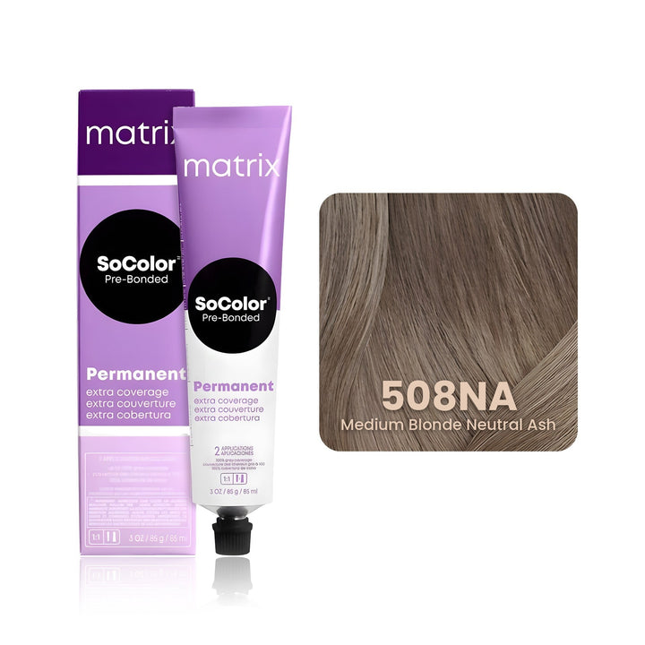Matrix SoColor Pre-Bonded Extra Coverage 508NA (Medium Blonde Neutral Ash) permanent hair color tube, box and hair swatch