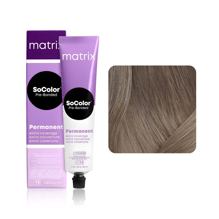 Matrix SoColor Pre-Bonded Extra Coverage 508NA (Medium Blonde Neutral Ash) permanent hair color tube, box and hair swatch
