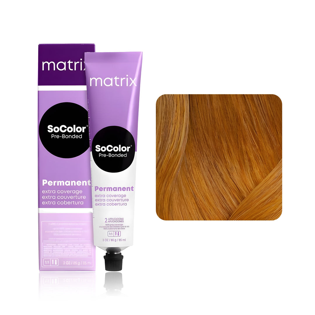 Matrix SoColor Pre-Bonded Extra Coverage 508W (Medium Blonde Warm) permanent hair color tube, box and hair swatch