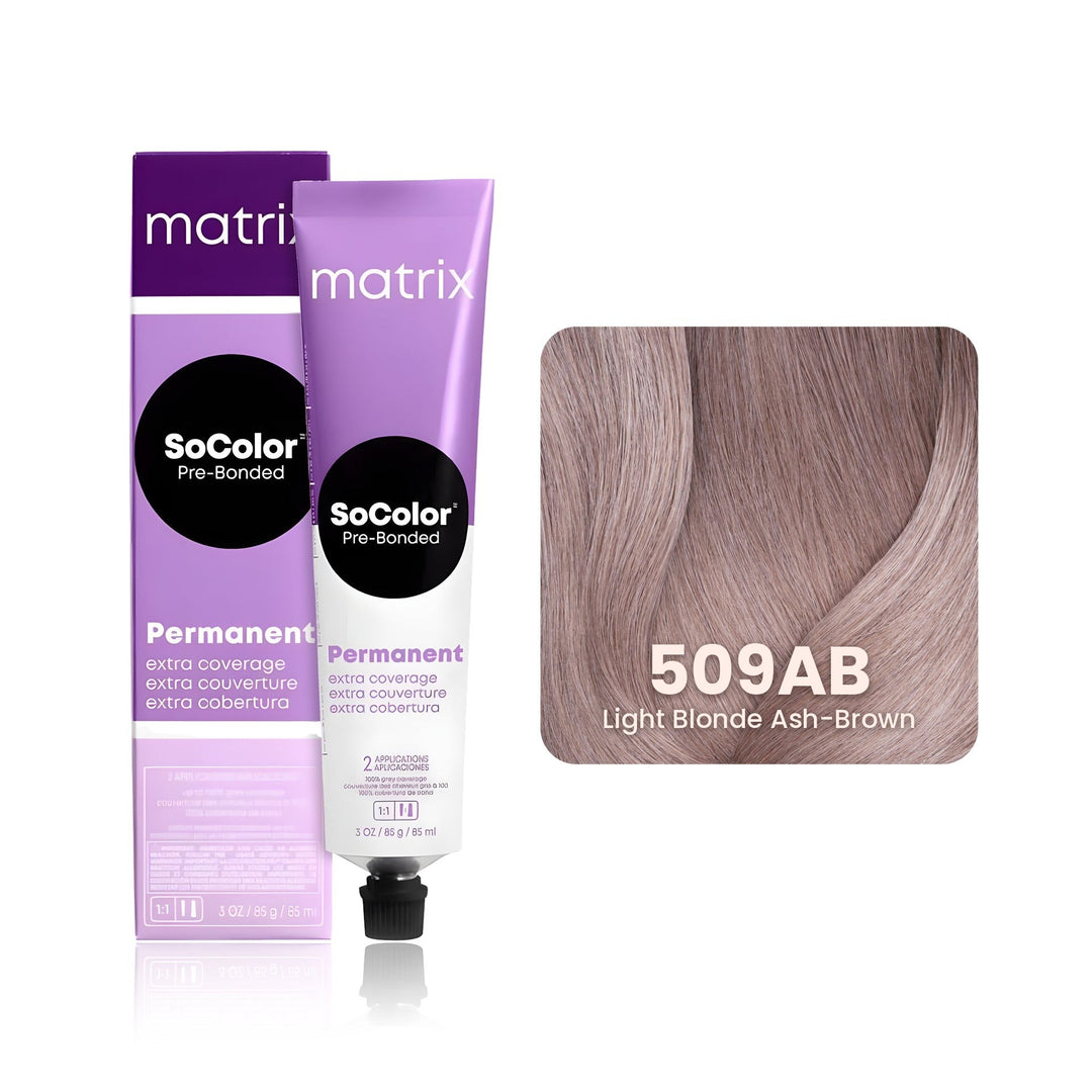 Matrix SoColor Pre-Bonded Extra Coverage 509AB (Light Blonde Ash-Brown) permanent hair color tube, box and hair swatch