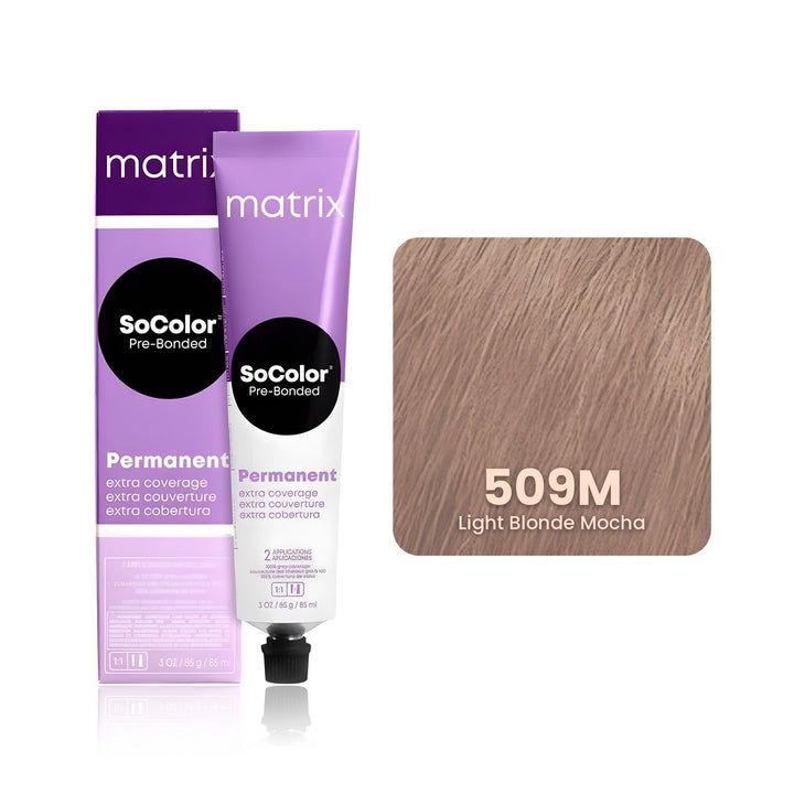 Matrix SoColor Pre-Bonded Extra Coverage 509M (Light Blonde Mocha) permanent hair color tube, box and hair swatch