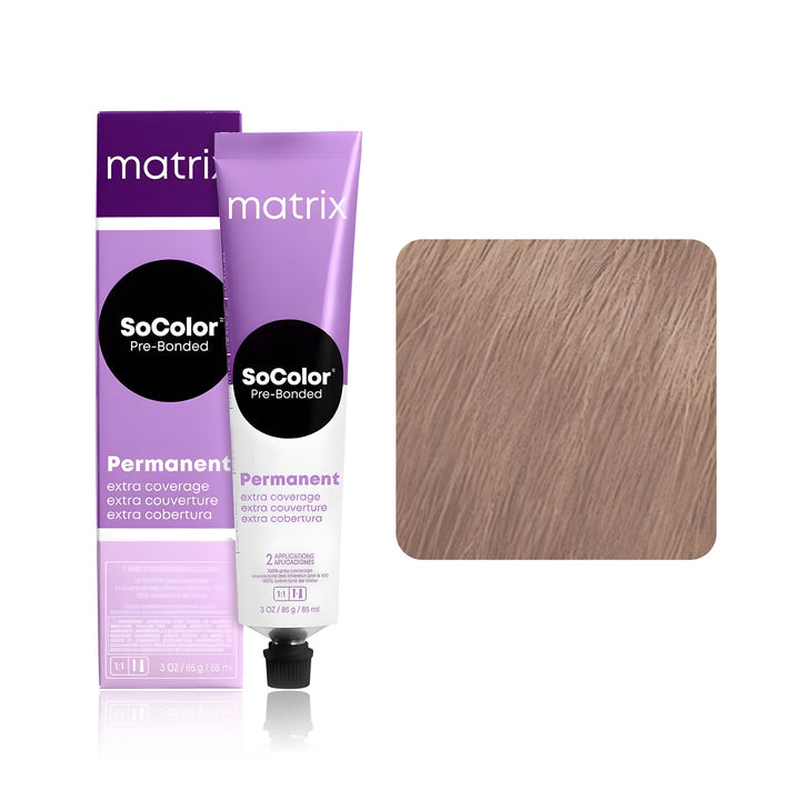 Matrix SoColor Pre-Bonded Extra Coverage 509M (Light Blonde Mocha) permanent hair color tube, box and hair swatch