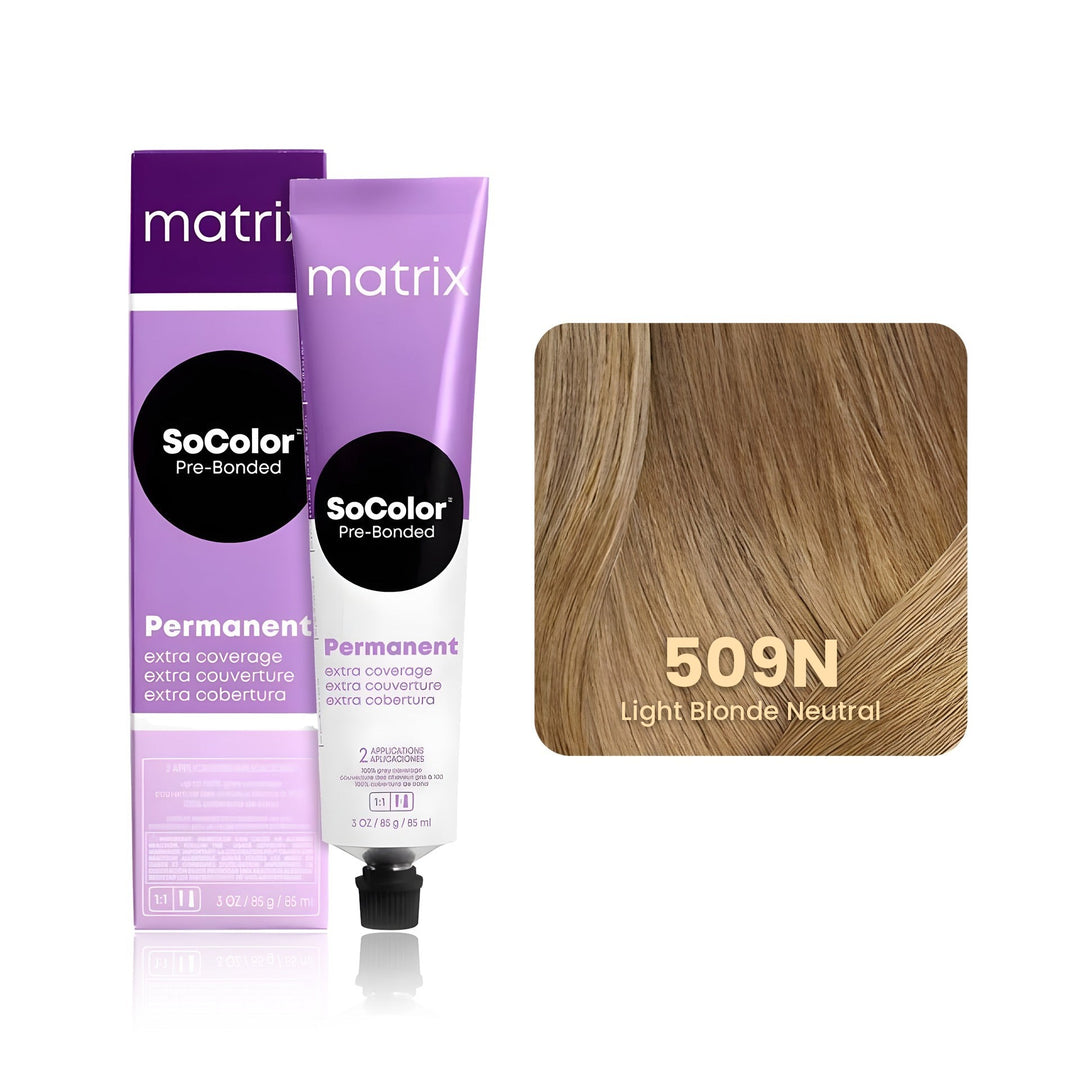 Matrix SoColor Pre-Bonded Extra Coverage 509N (Light Blonde Neutral) permanent hair color tube, box and hair swatch