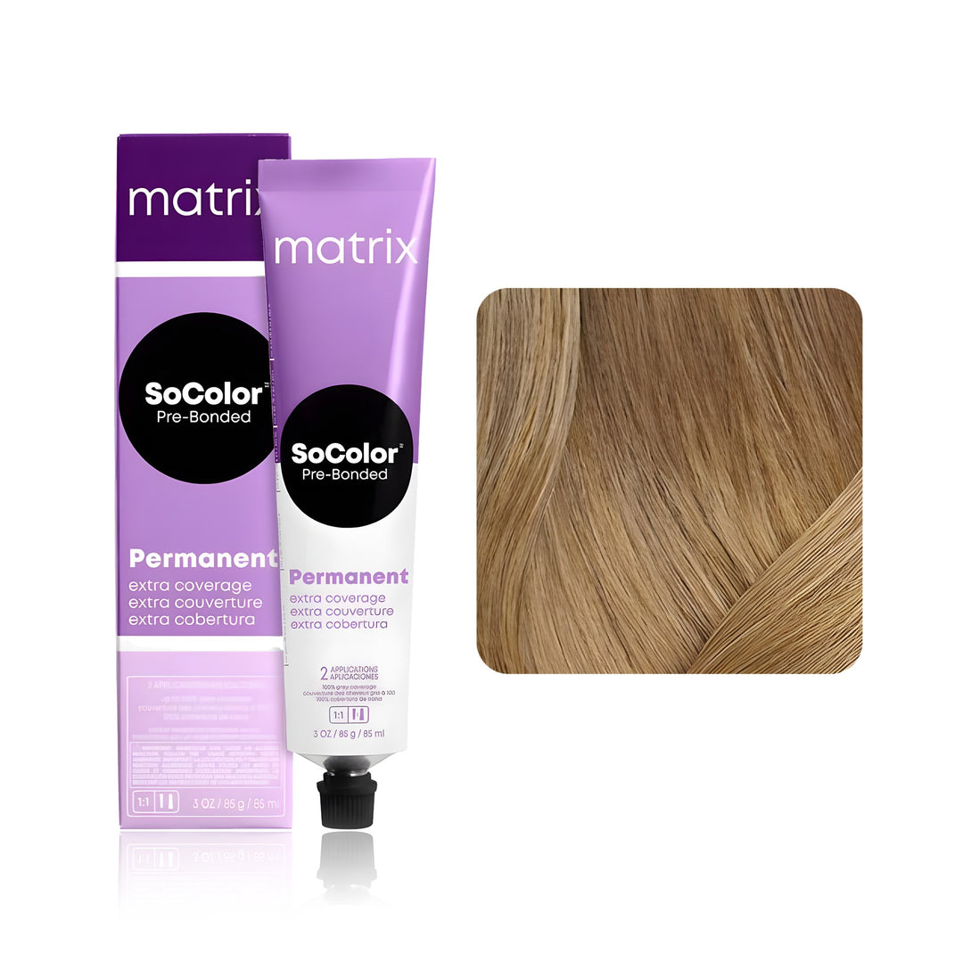 Matrix SoColor Pre-Bonded Extra Coverage 509N (Light Blonde Neutral) permanent hair color tube, box and hair swatch