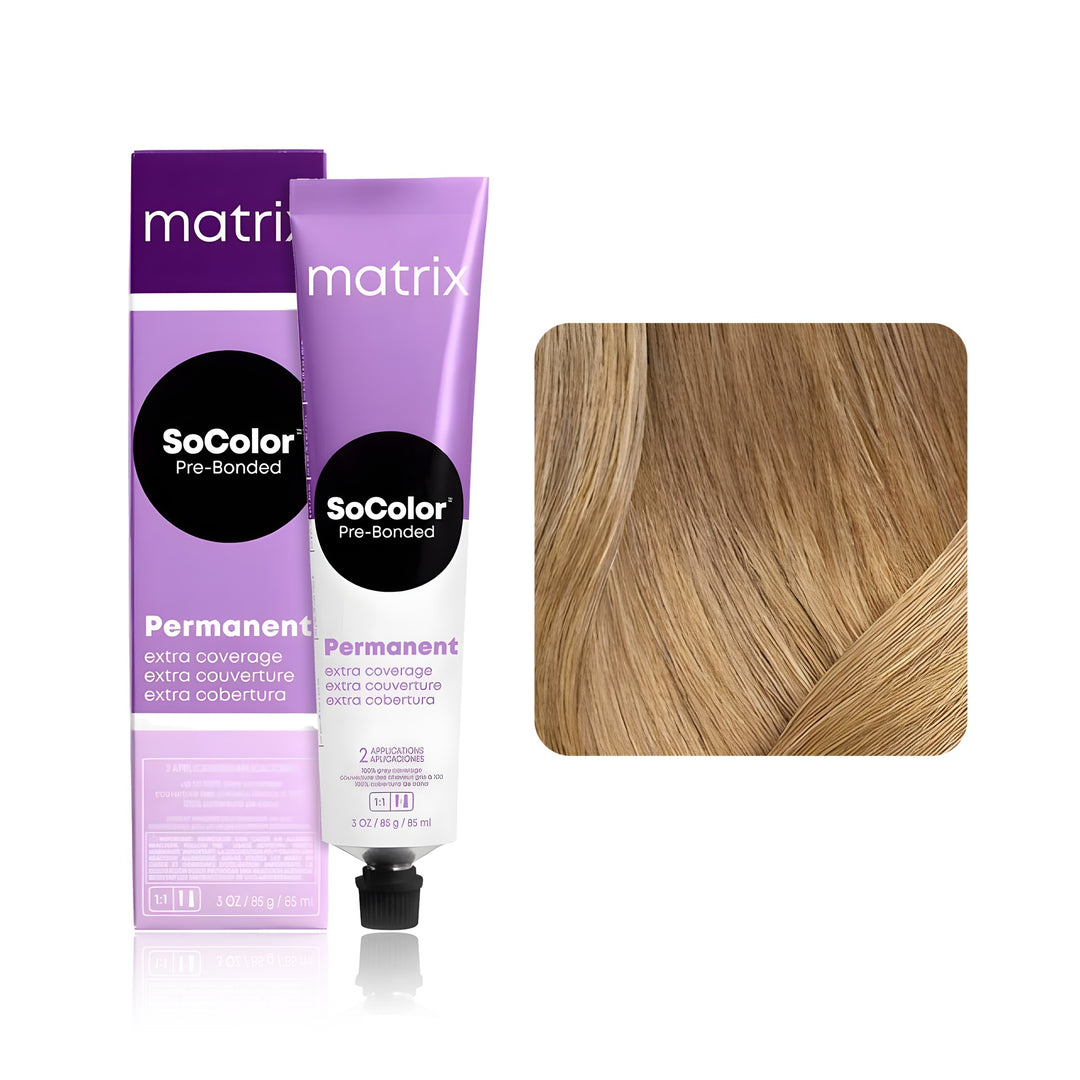 Matrix SoColor Pre-Bonded Extra Coverage 510N (Extra Light Blonde Neutral) permanent hair color tube, box and hair swatch