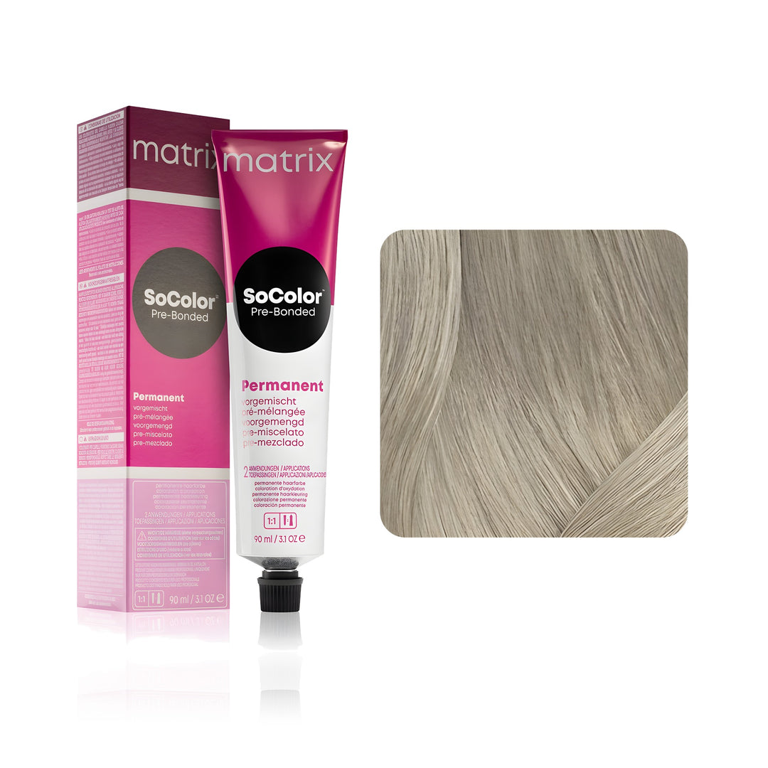 Matrix SoColor Pre-Bonded 10AV (Extra Light Blonde Ash Violet) permanent hair color tube, box and hair swatch