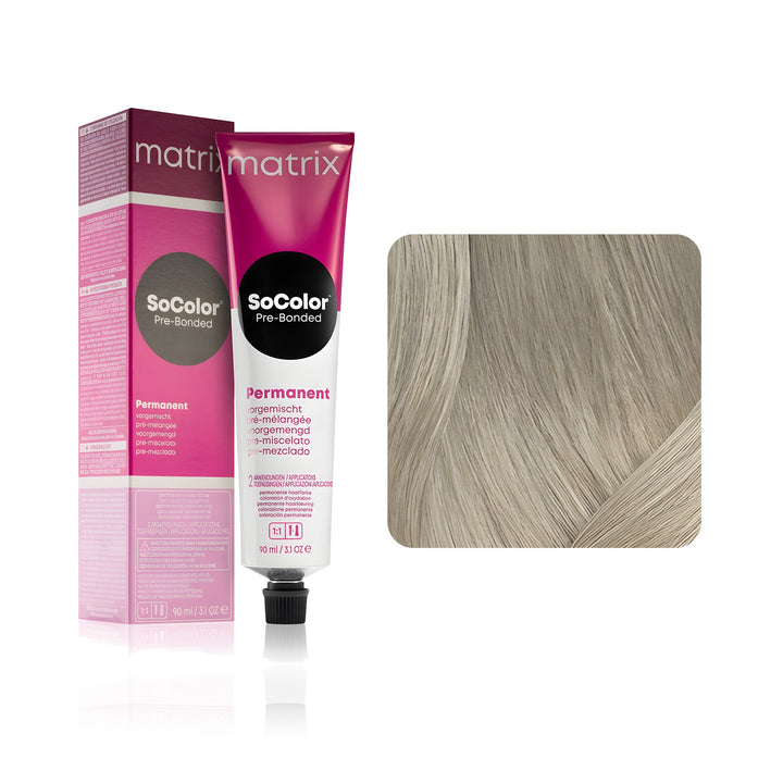 Matrix SoColor Pre-Bonded 10AV (Extra Light Blonde Ash Violet) permanent hair color tube, box and hair swatch