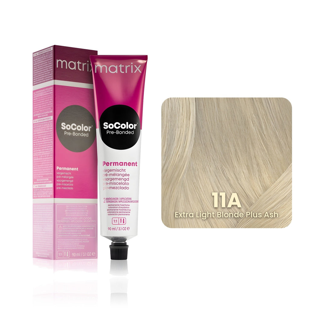 Matrix SoColor Pre-Bonded 11A (Extra Light Blonde Plus Ash) permanent hair color tube, box and hair swatch