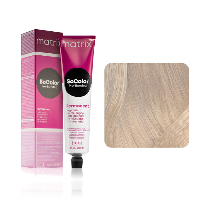 Matrix SoColor Pre-Bonded 11N (Extra Light Blonde Plus Neutral) permanent hair color tube, box and hair swatch