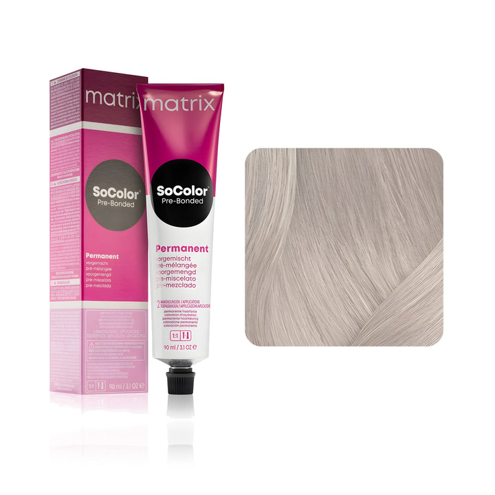Matrix SoColor Pre-Bonded 11P (Extra Light Blonde Plus Pearl) permanent hair color tube, box and hair swatch