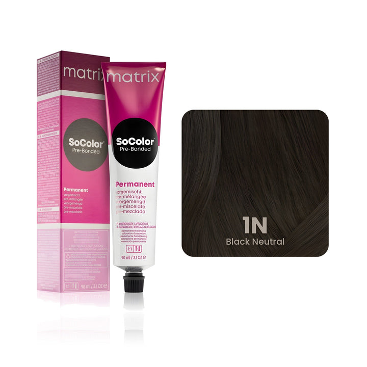 Matrix SoColor Pre-Bonded 1N (Black Neutral) permanent hair color tube, box and hair swatch