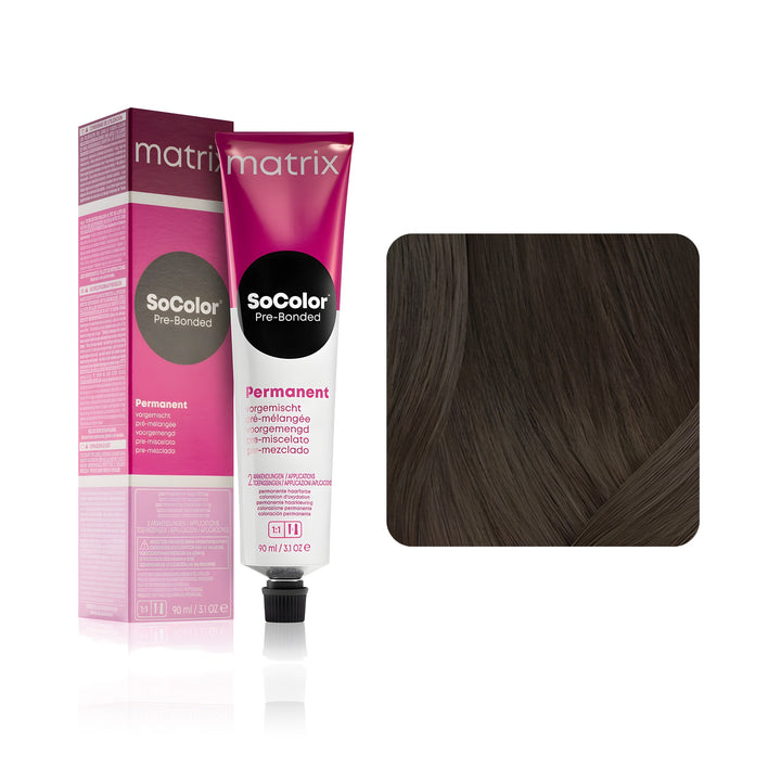 Matrix SoColor Pre-Bonded 2N (Natural Black Neutral) permanent hair color tube, box and hair swatch