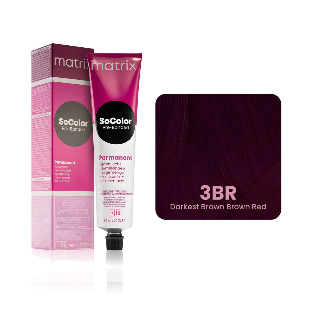 Matrix SoColor Pre-Bonded 3BR (Darkest Brown Brown Red) permanent hair color tube, box and hair swatch