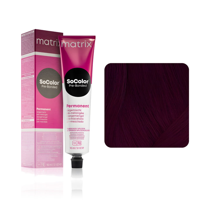 Matrix SoColor Pre-Bonded 3BR (Darkest Brown Brown Red) permanent hair color tube, box and hair swatch