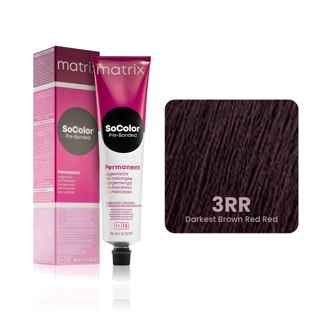 Matrix SoColor Pre-Bonded 3RR (Darkest Brown Red Red) permanent hair color tube, box and hair swatch